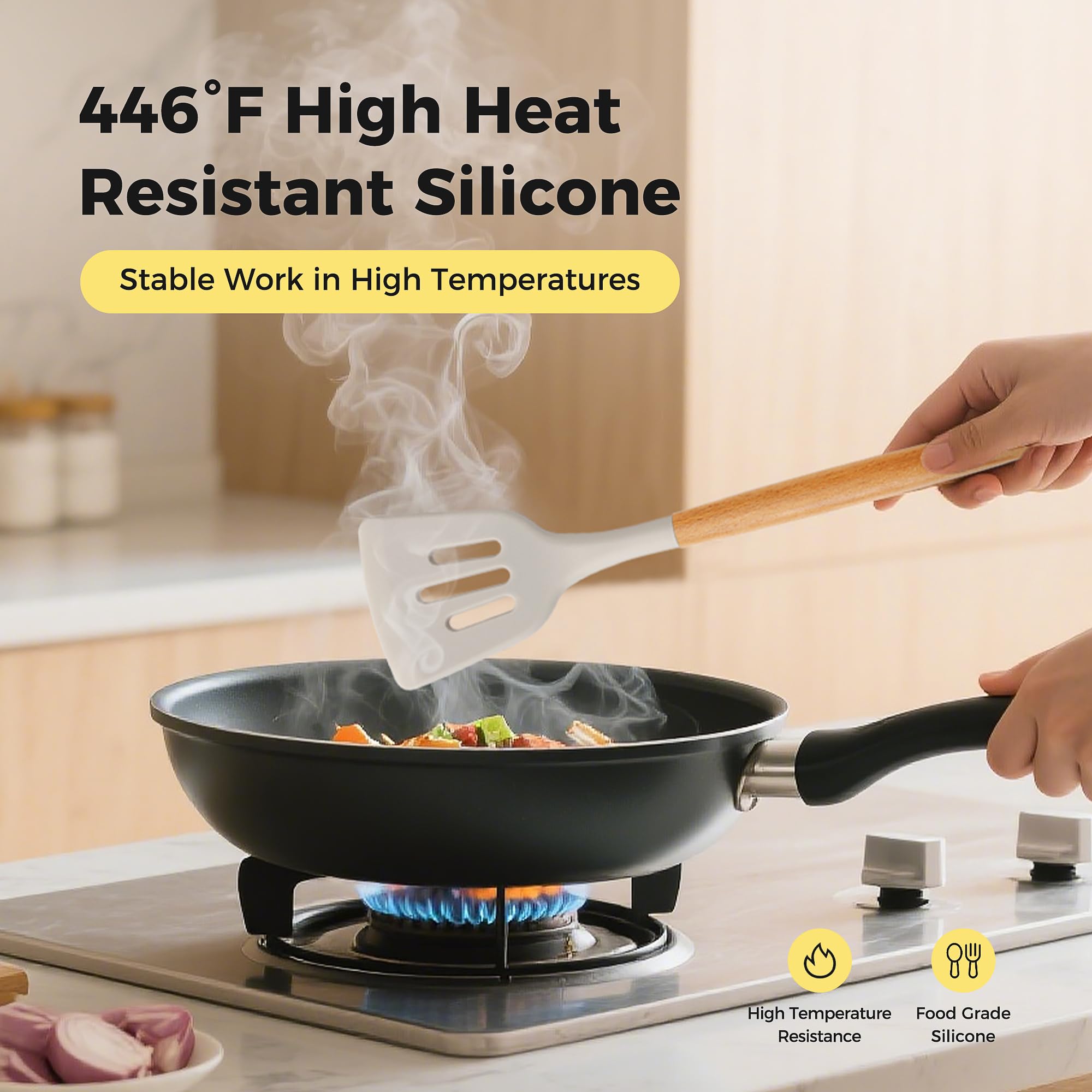 Hvygss silicone spatula with non-stick edge for smooth scraping.