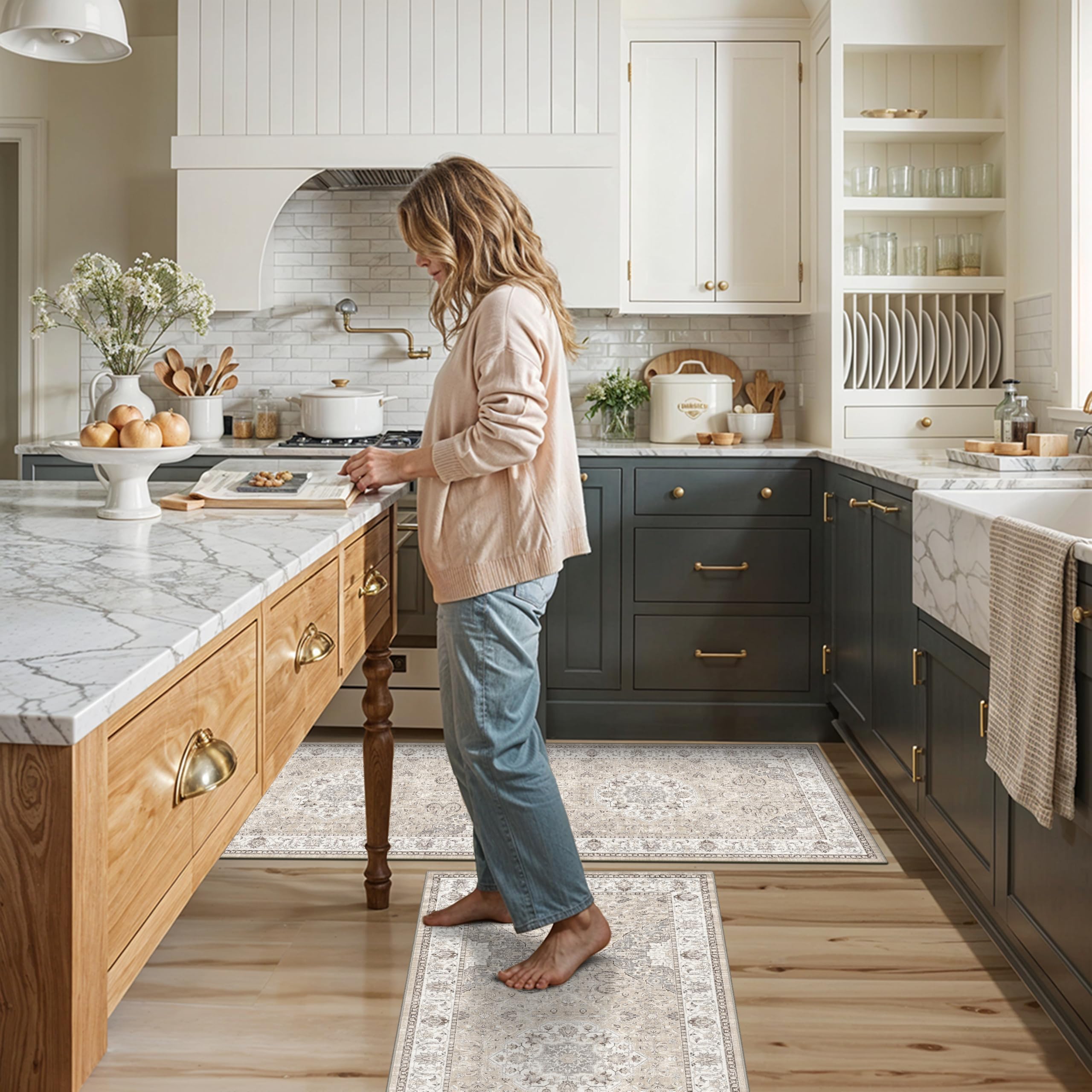 HY HAO YUN LAI beige 2x4 runner view, non-slip surface for busy kitchen.