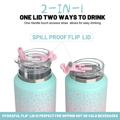 Hydraful 2-in-1 lid with sip spout and flip-top for flexibility.