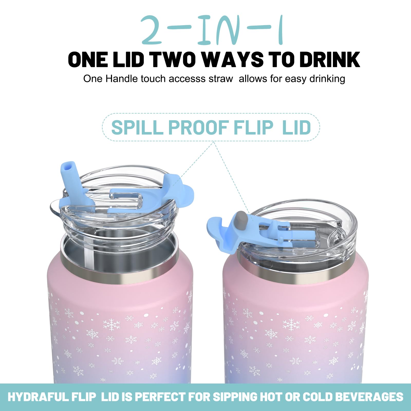 Hydraful 2in1 lid provides sipping spout and flip-top for versatile drinks.