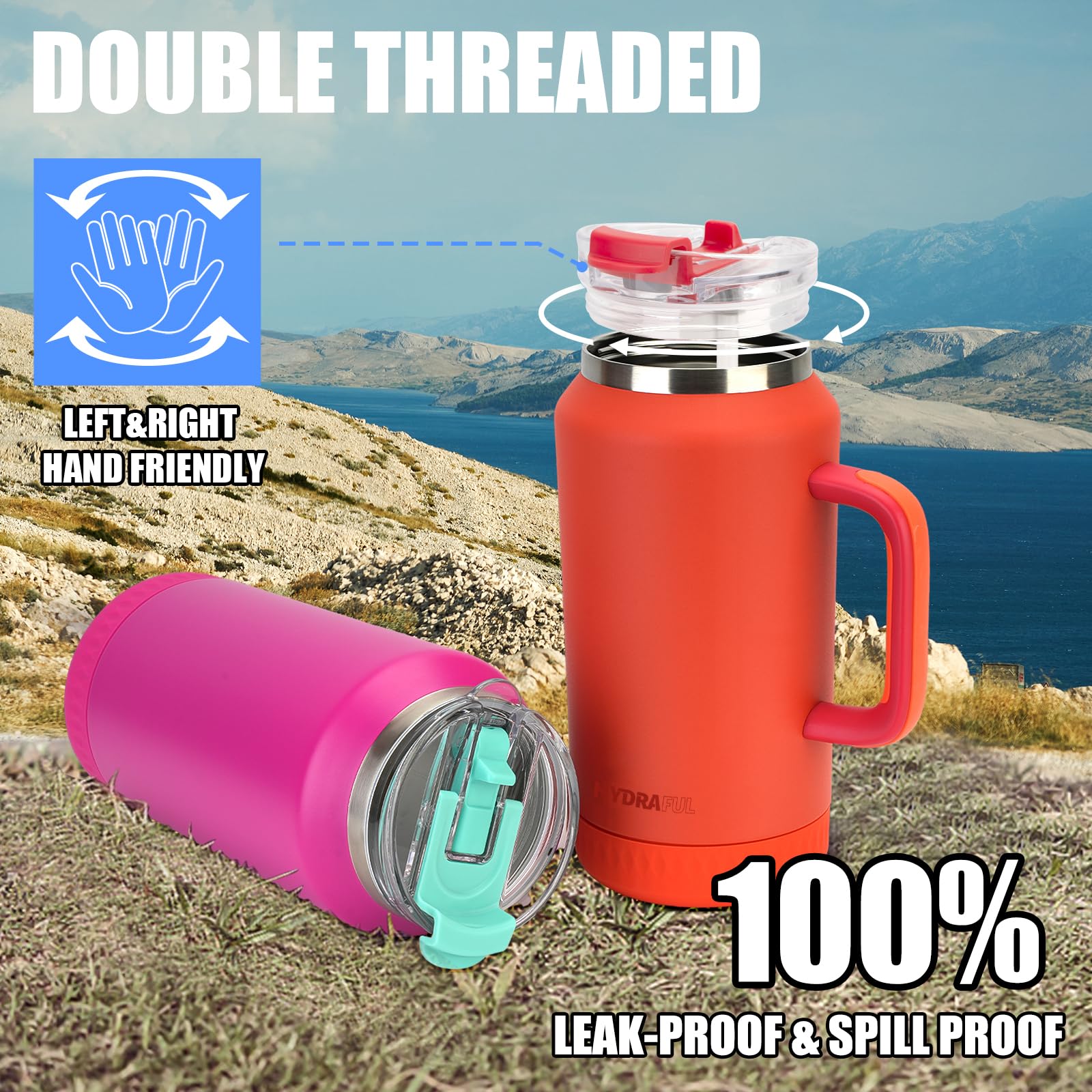 Hydraful 64oz tumbler 18/8 stainless steel for durability.