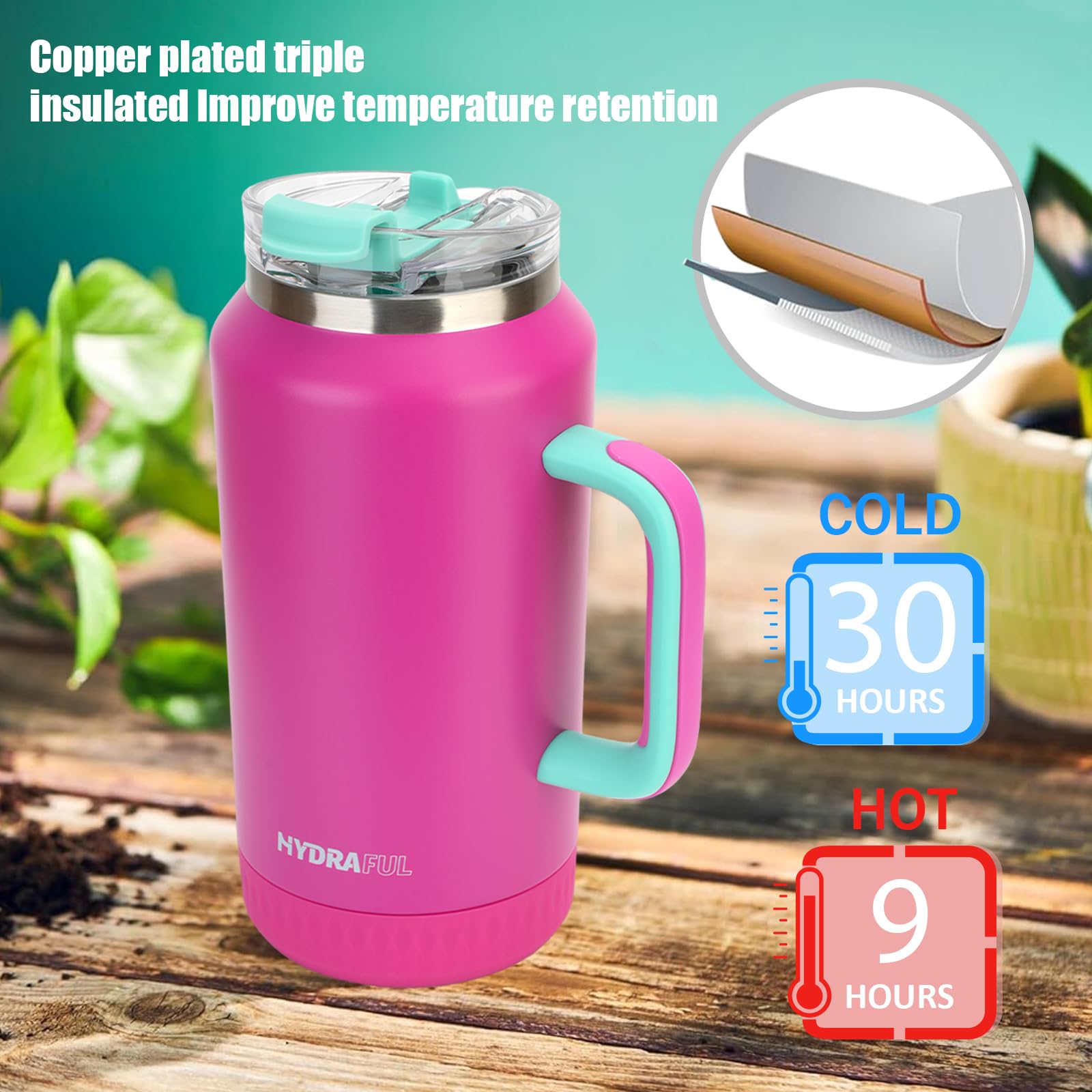 Hydraful 64oz tumbler 2-in-1 lid for sipping or gulping.