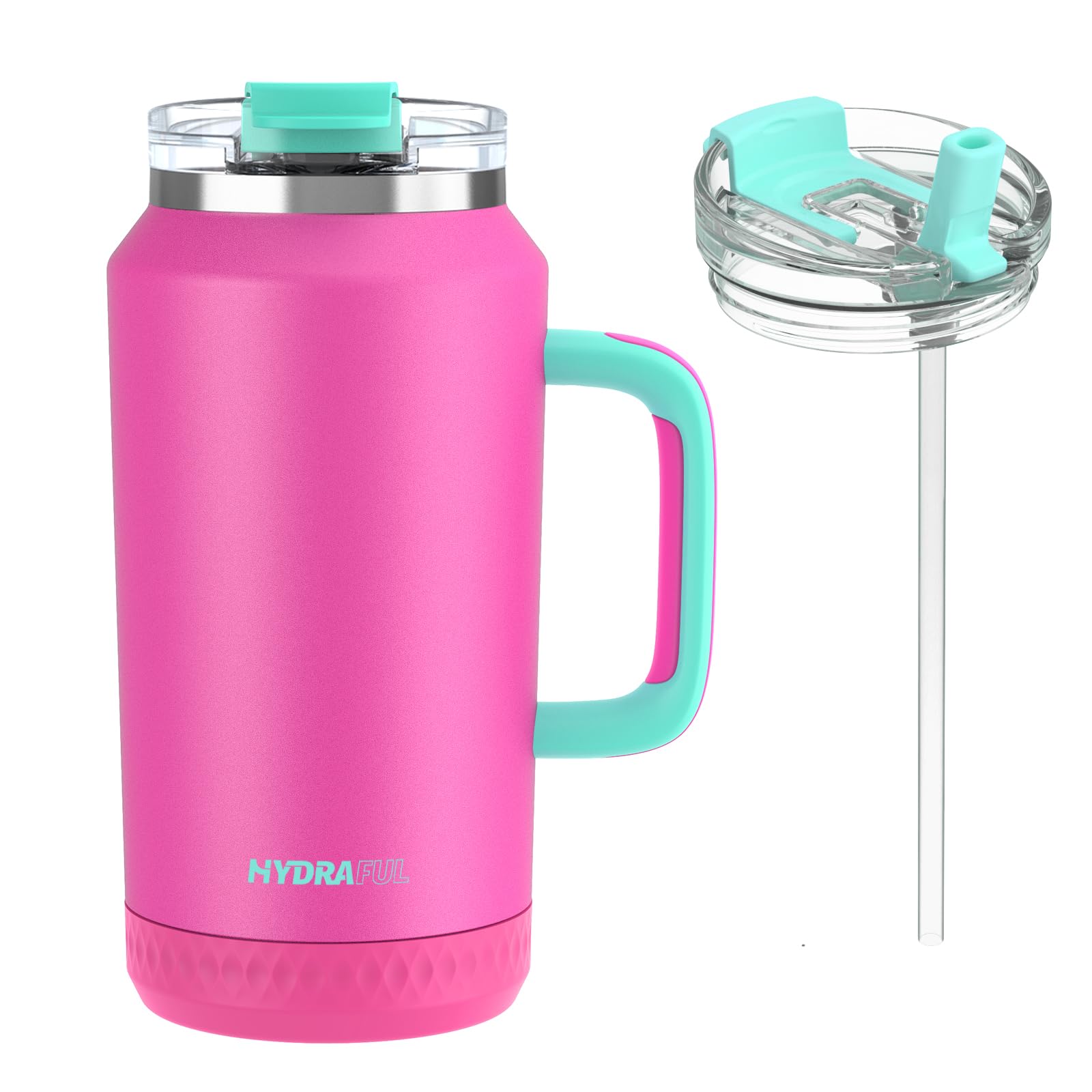 Hydraful 64oz tumbler handle close-up showing comfortable grip for travel.