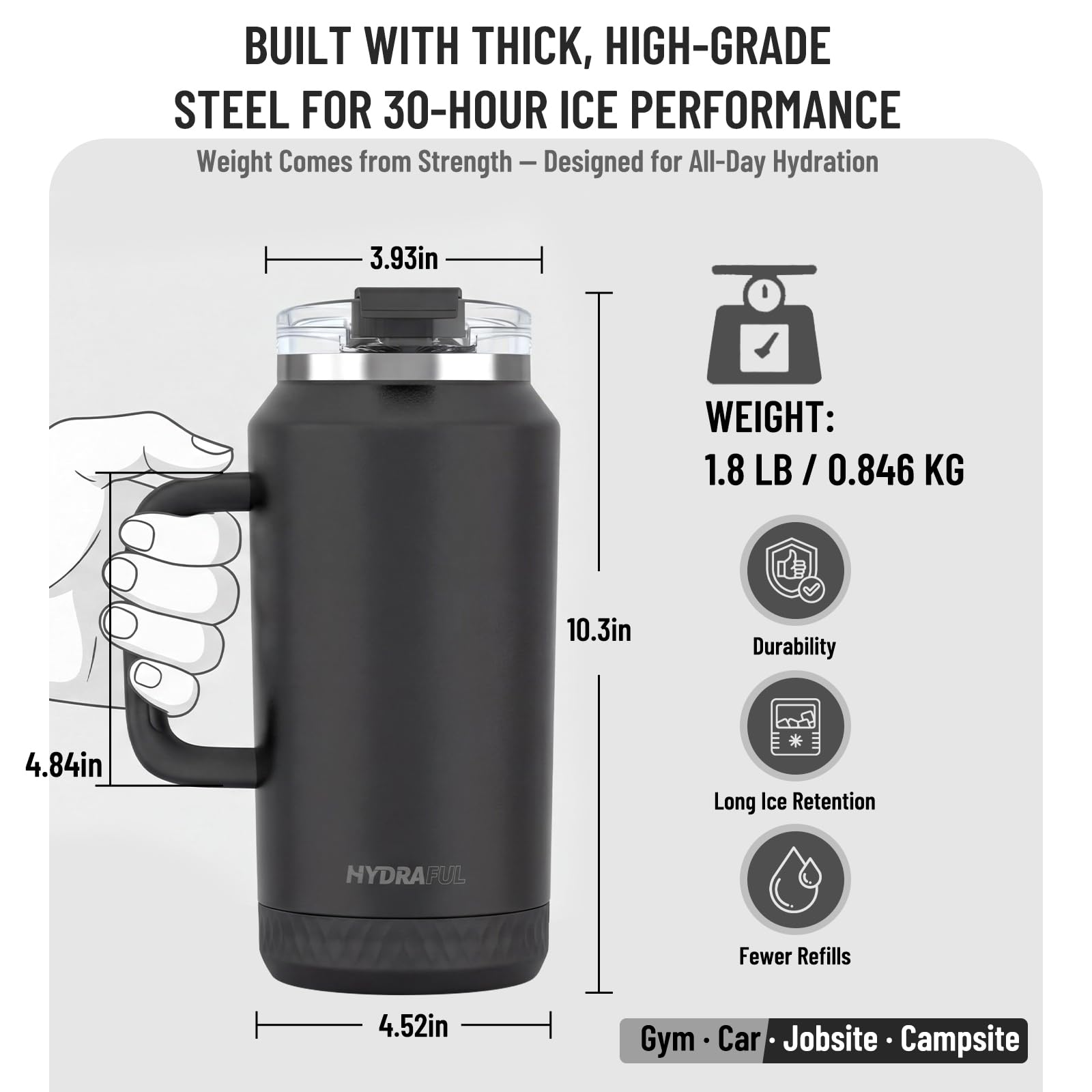 Hydraful 64oz tumbler keeps beverages cold up to 30 hours.