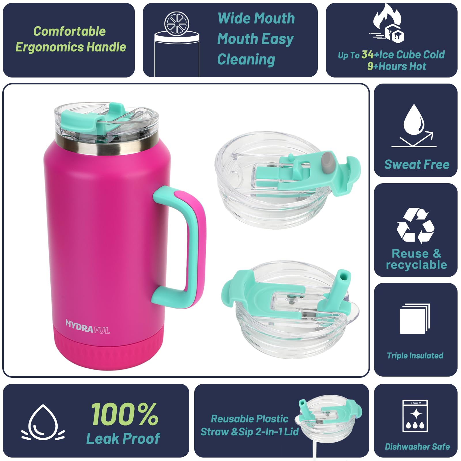 Hydraful 64oz tumbler wide-mouth design for easy filling.