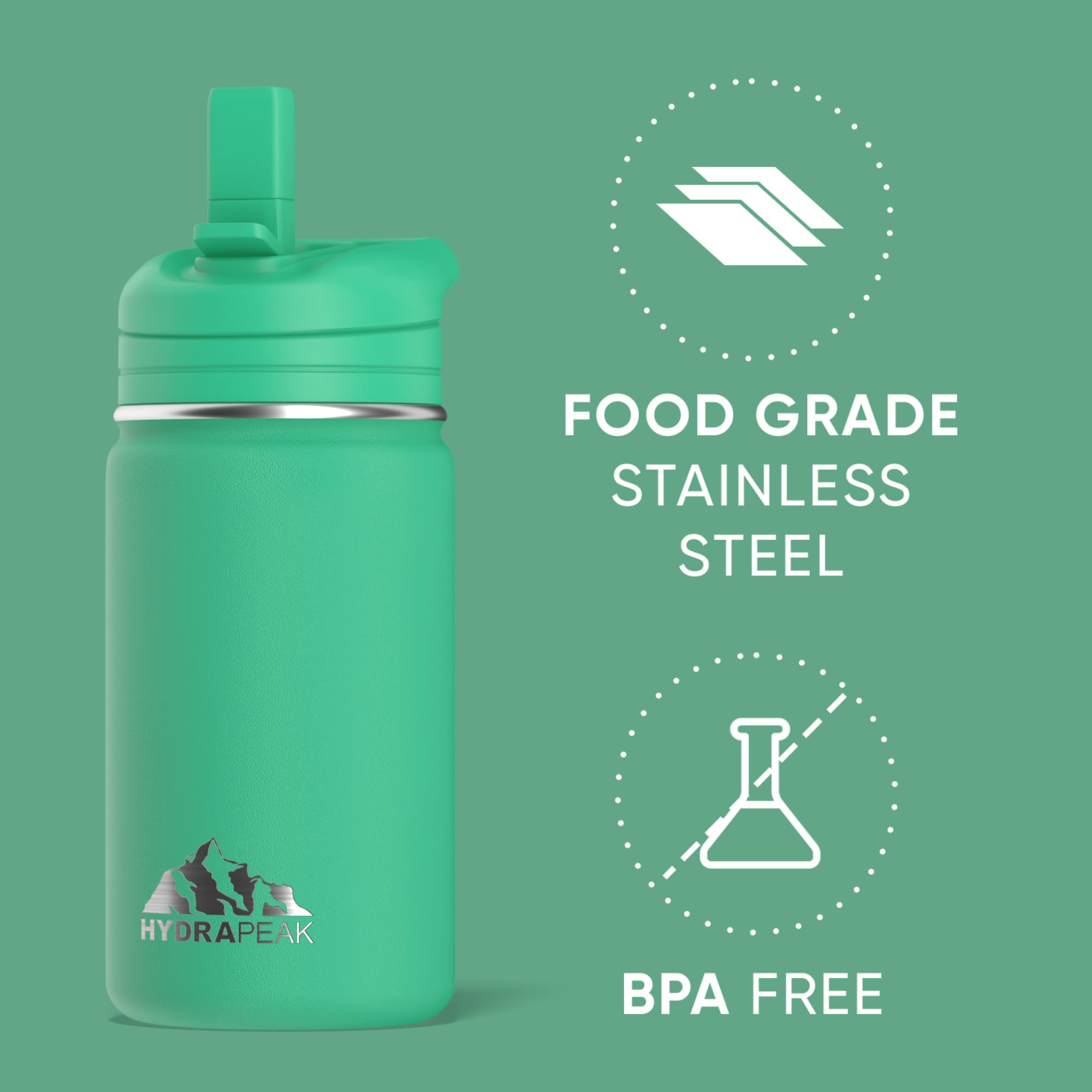 Hydrapeak mini 14oz bottle shows 24-hour cold insulation in jade.