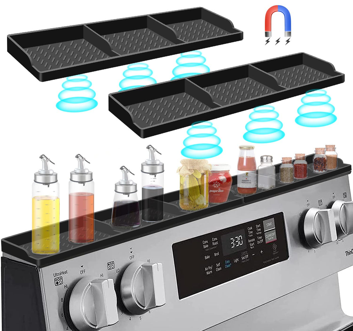 Hydream stove top silicone shelf back view showing strong magnets for secure storage.