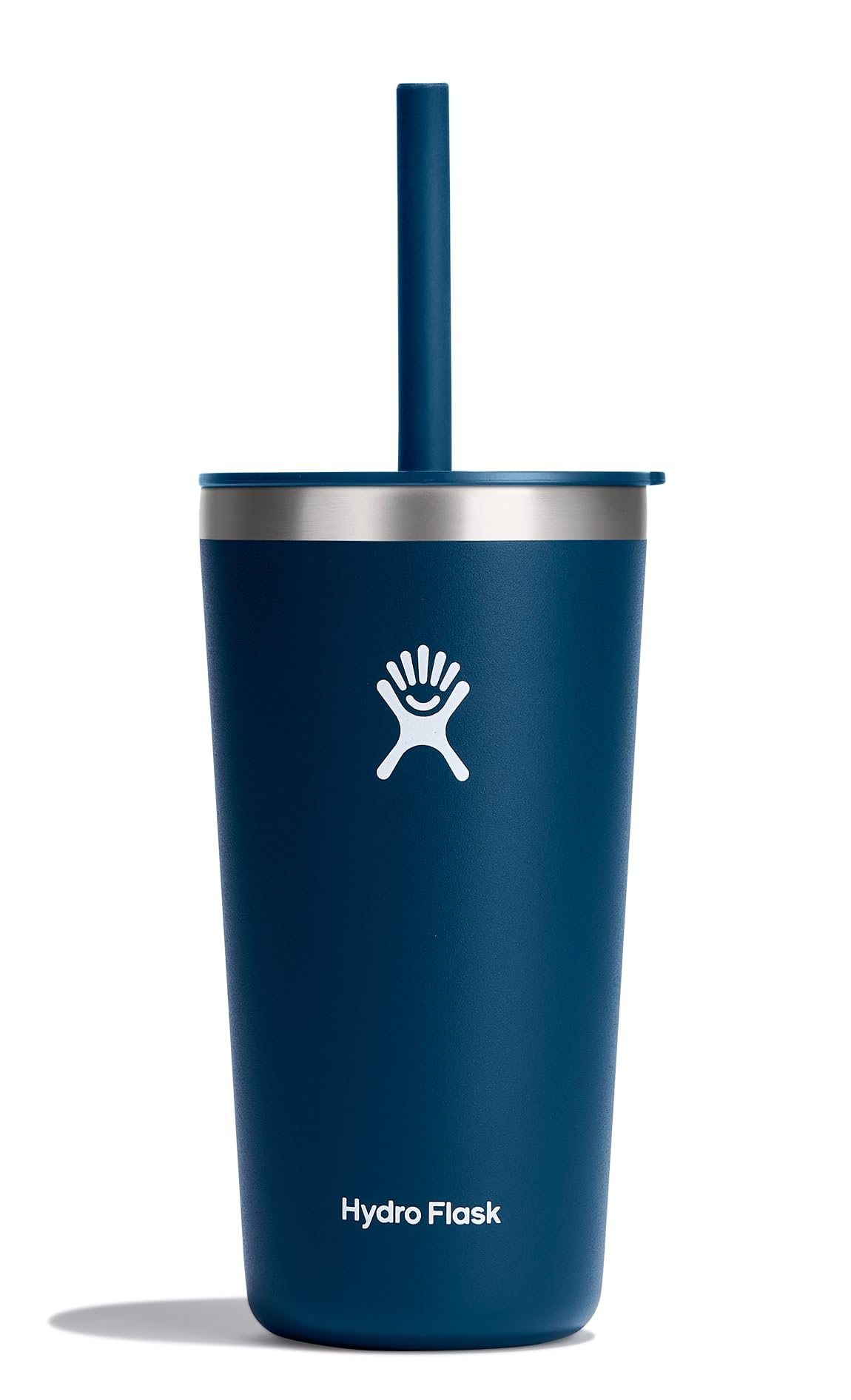 Hydro Flask 20 oz All Around Tumbler with Indigo Blue Straw Lid keeps drinks cold on the go.