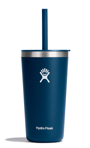 Hydro Flask 20 oz All Around Tumbler with Indigo Blue Straw Lid keeps drinks cold on the go.