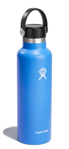 Hydro Flask Cascade Blue bottle lid close-up highlights leakproof cap performance.