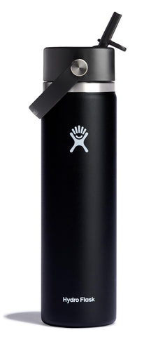 Hydro Flask 24 oz wide-mouth bottle with flex straw cap for easy one-handed sipping.