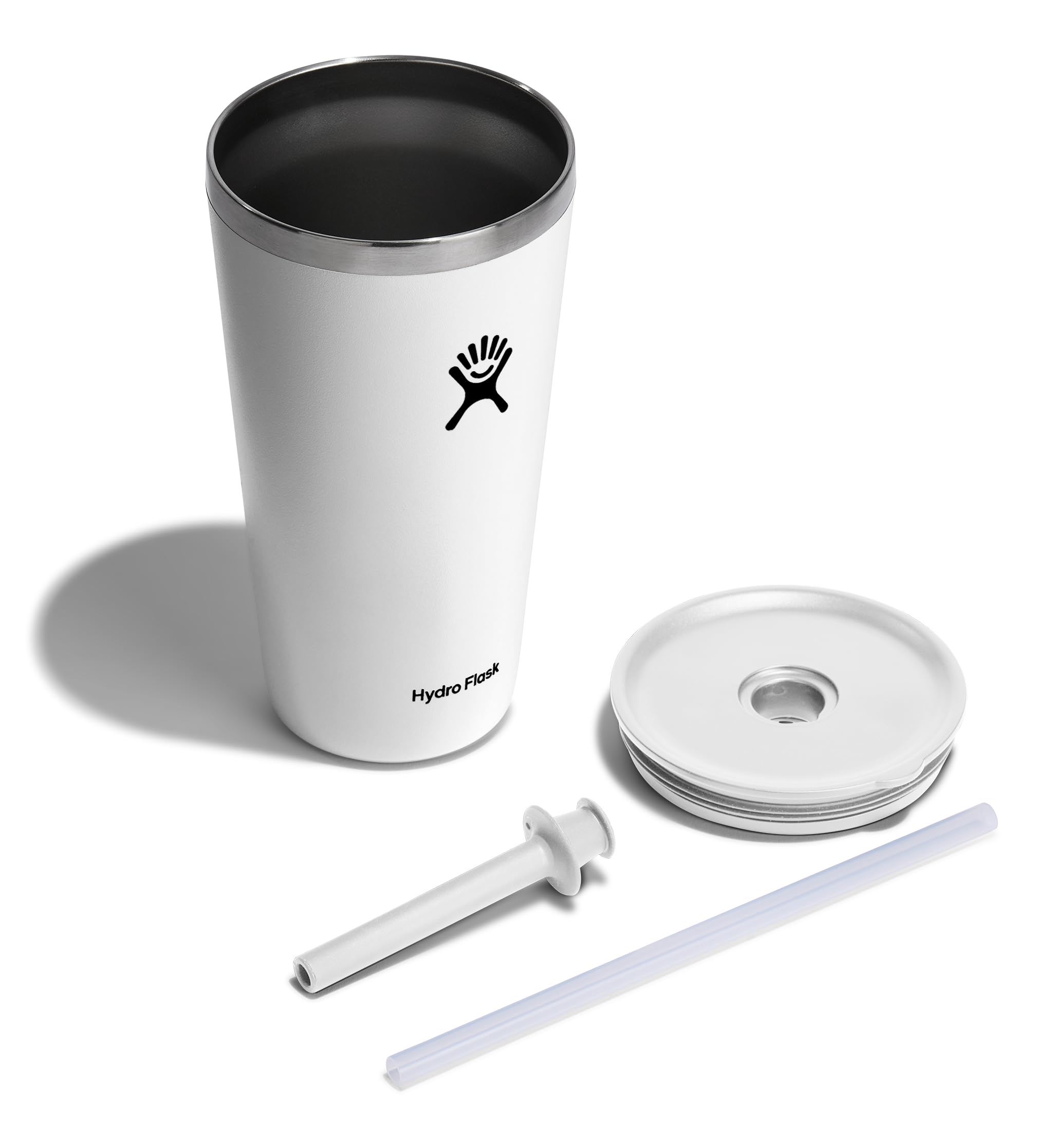 Hydro Flask 28 oz All Around Tumbler with straw lid in white, dishwasher-safe cleaning