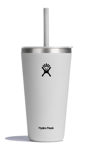 Hydro Flask 28 oz All Around Tumbler with straw lid in white, front view, cold-holding capability