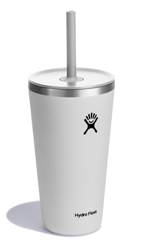 Hydro Flask 28 oz All Around Tumbler with straw lid in white, straw close-up for sipping