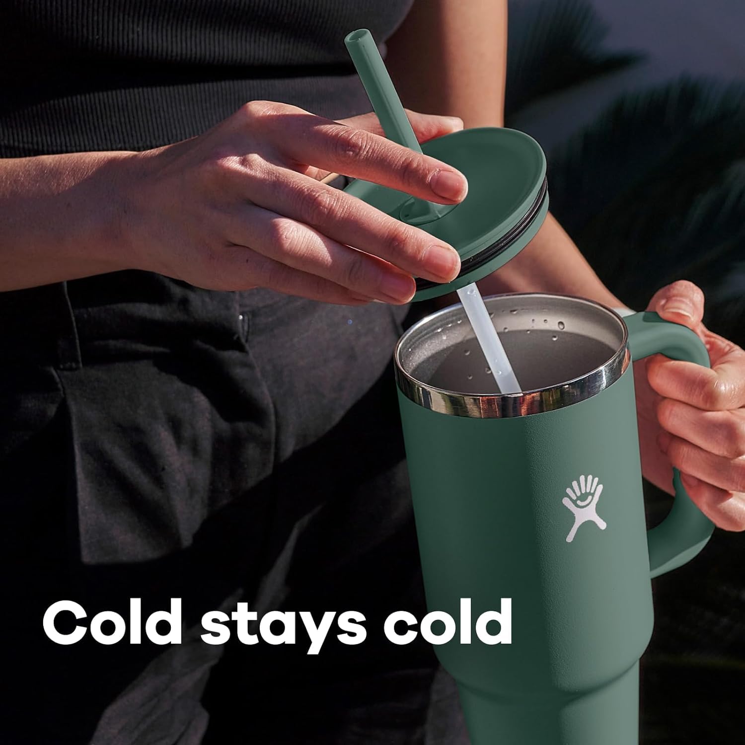Hydro Flask on-the-go usage in an office or commute setting.