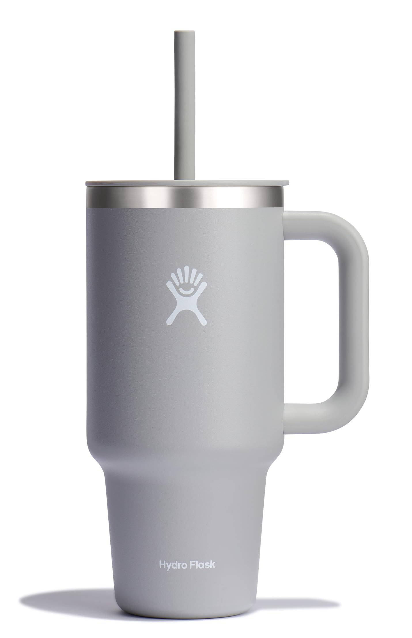 Hydro Flask 32 oz Travel Tumbler in Birch with handle and straw, keeps beverages cold longer.