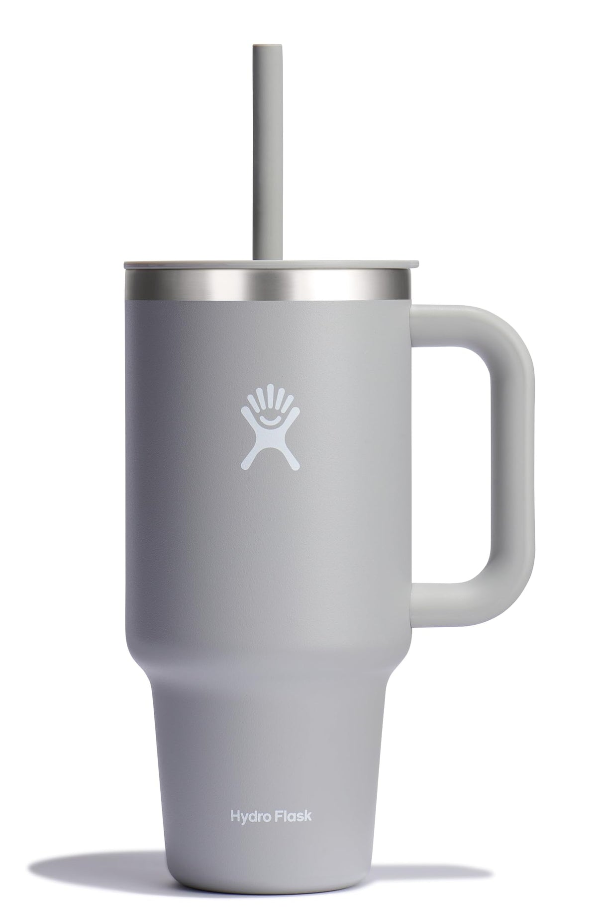 Hydro Flask 32 oz Travel Tumbler in Birch with handle and straw, keeps beverages cold longer.