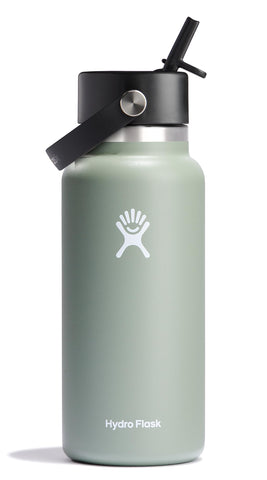 Hydro Flask 32 oz Wide Mouth Agave with Flex Straw Cap keeps drinks cold.