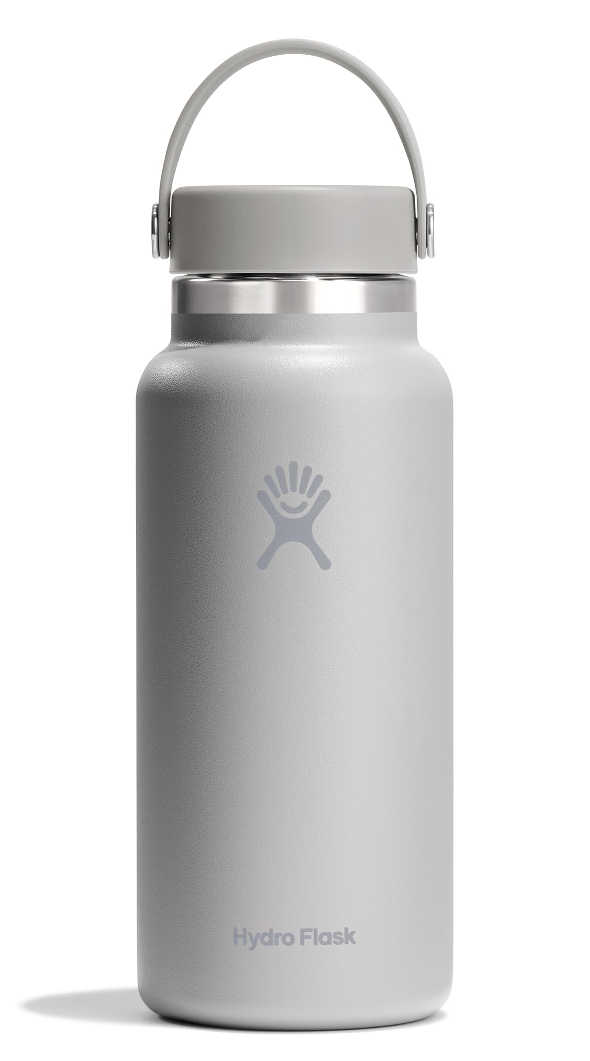 Hydro Flask 32oz Birch Gray bottle, front view keeps beverages cold or hot on the go.