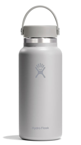 Hydro Flask 32oz Birch Gray bottle, front view keeps beverages cold or hot on the go.