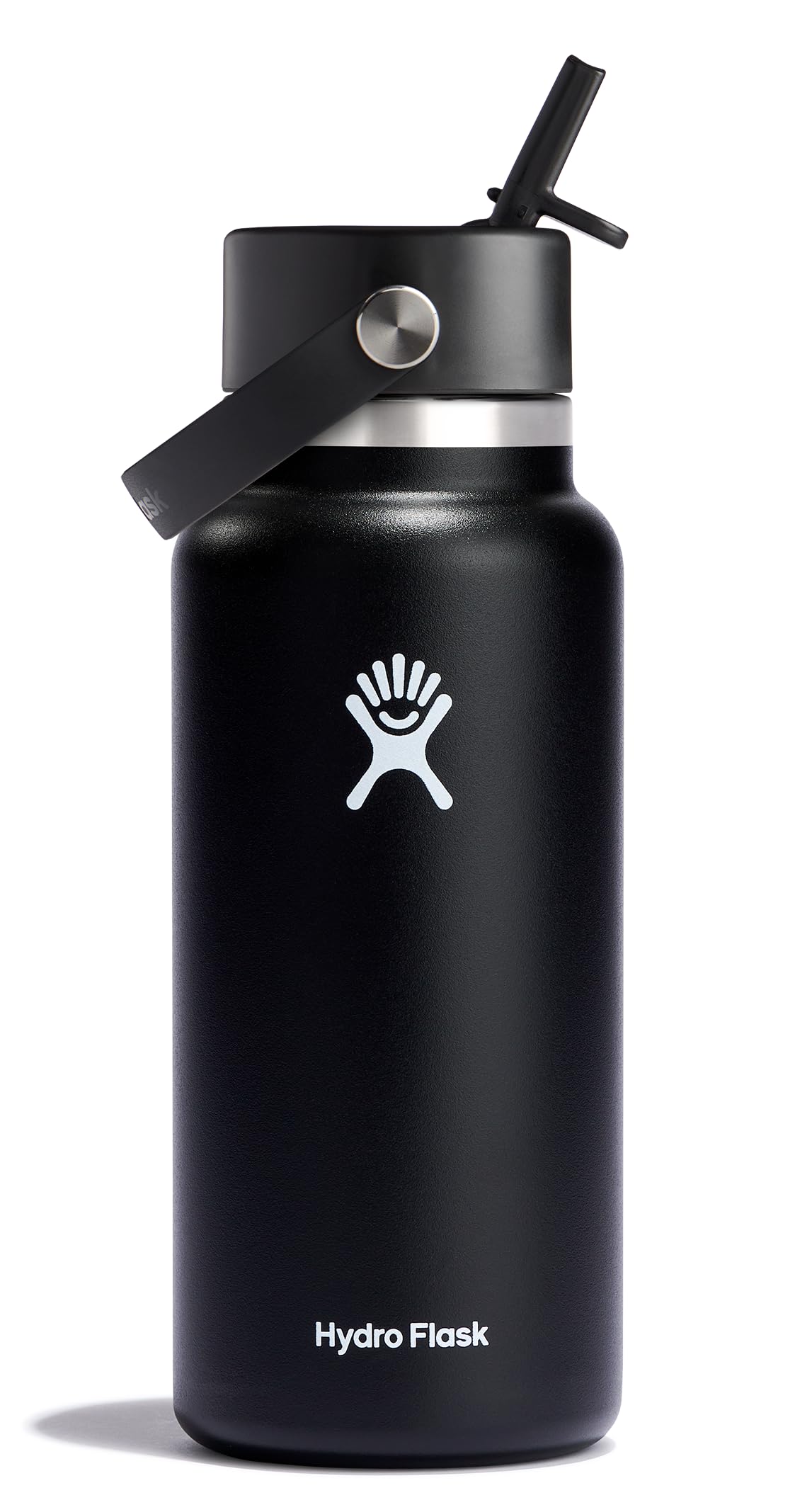 Hydro Flask 32oz wide-mouth bottle front view showing a sleek black finish for all-day hydration.