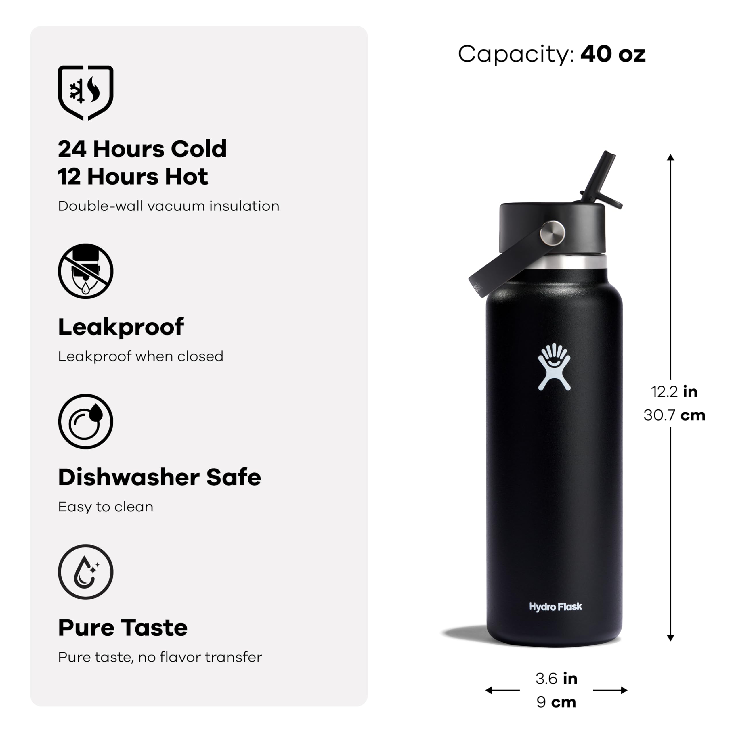 Hydro Flask 40oz insulated bottle with TempShield for long-lasting cold.
