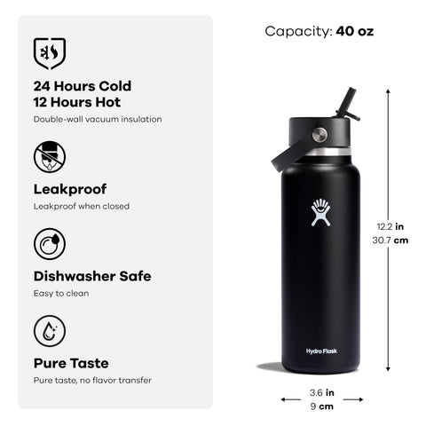 Hydro Flask 40oz insulated bottle with TempShield for long-lasting cold.