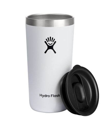 Hydro Flask All Around 12 oz tumbler in white, keeps drinks hot or cold with a leak-resistant lid.