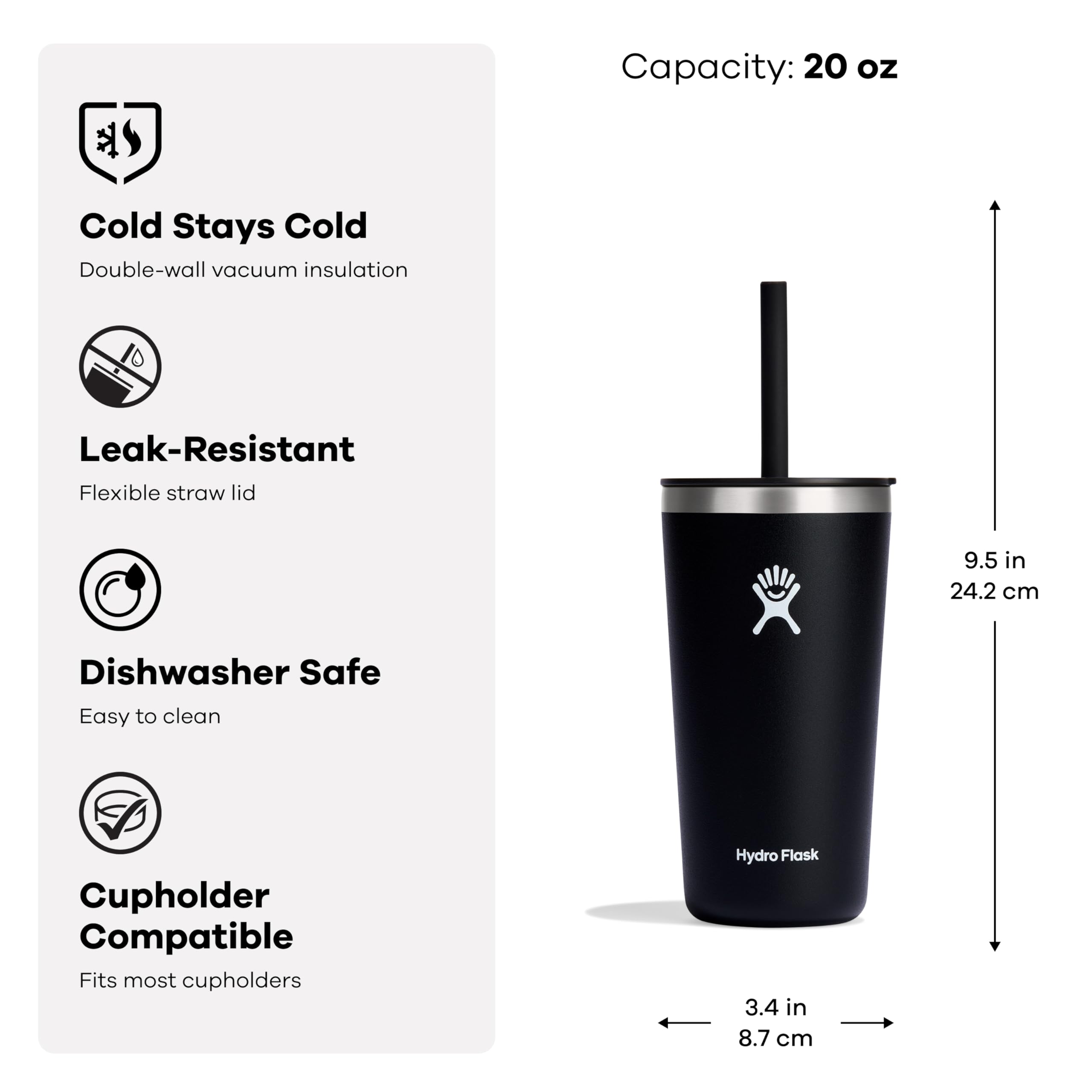 Hydro Flask All Around Tumbler with leak-resistant straw lid for secure sipping.