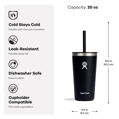 Hydro Flask All Around Tumbler with leak-resistant straw lid for secure sipping.