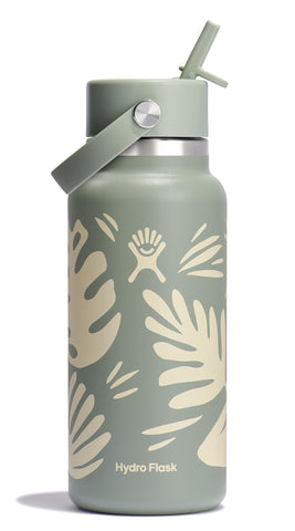 Hydro Flask Botanical Bliss 32 oz wide-mouth bottle with flexible lid for easy one-handed sipping.