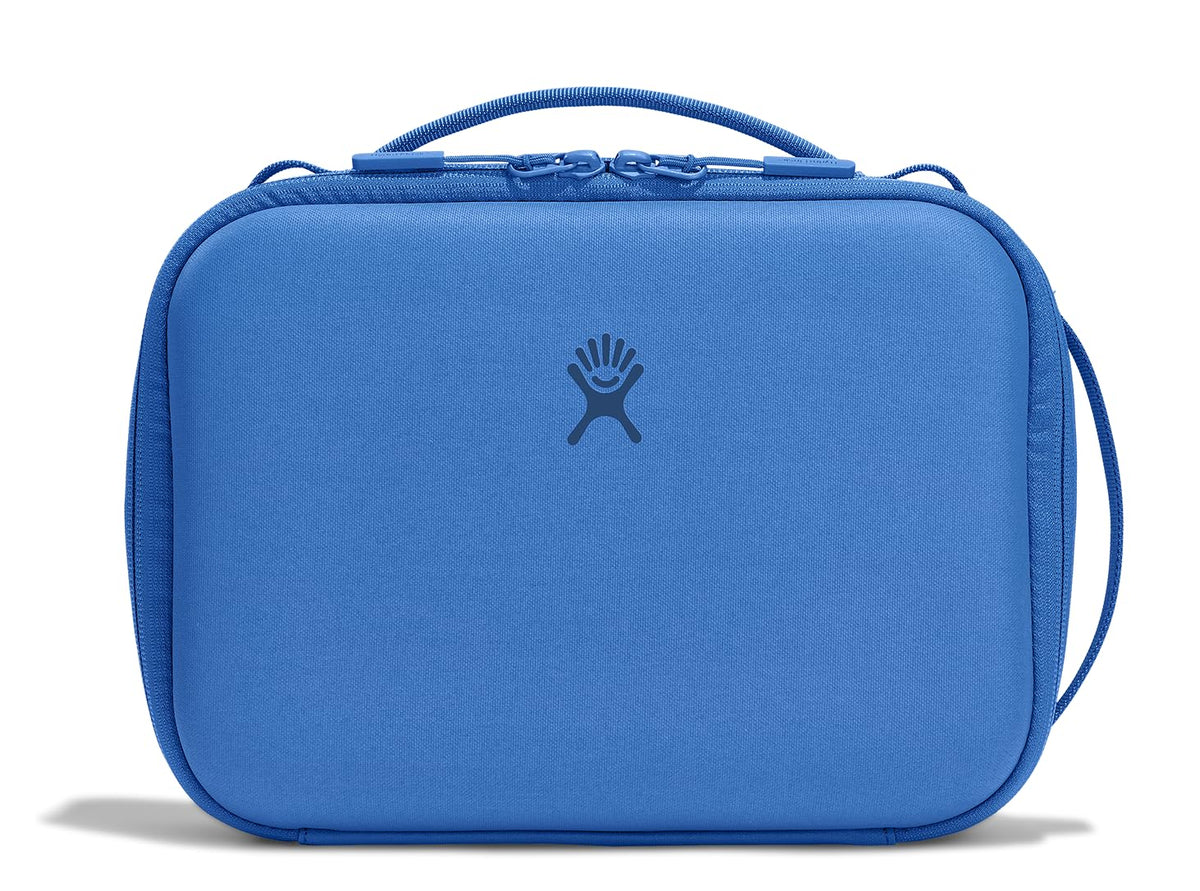 Hydro Flask Carry Out Lunch Box cascade blue with closed lid for easy transport.