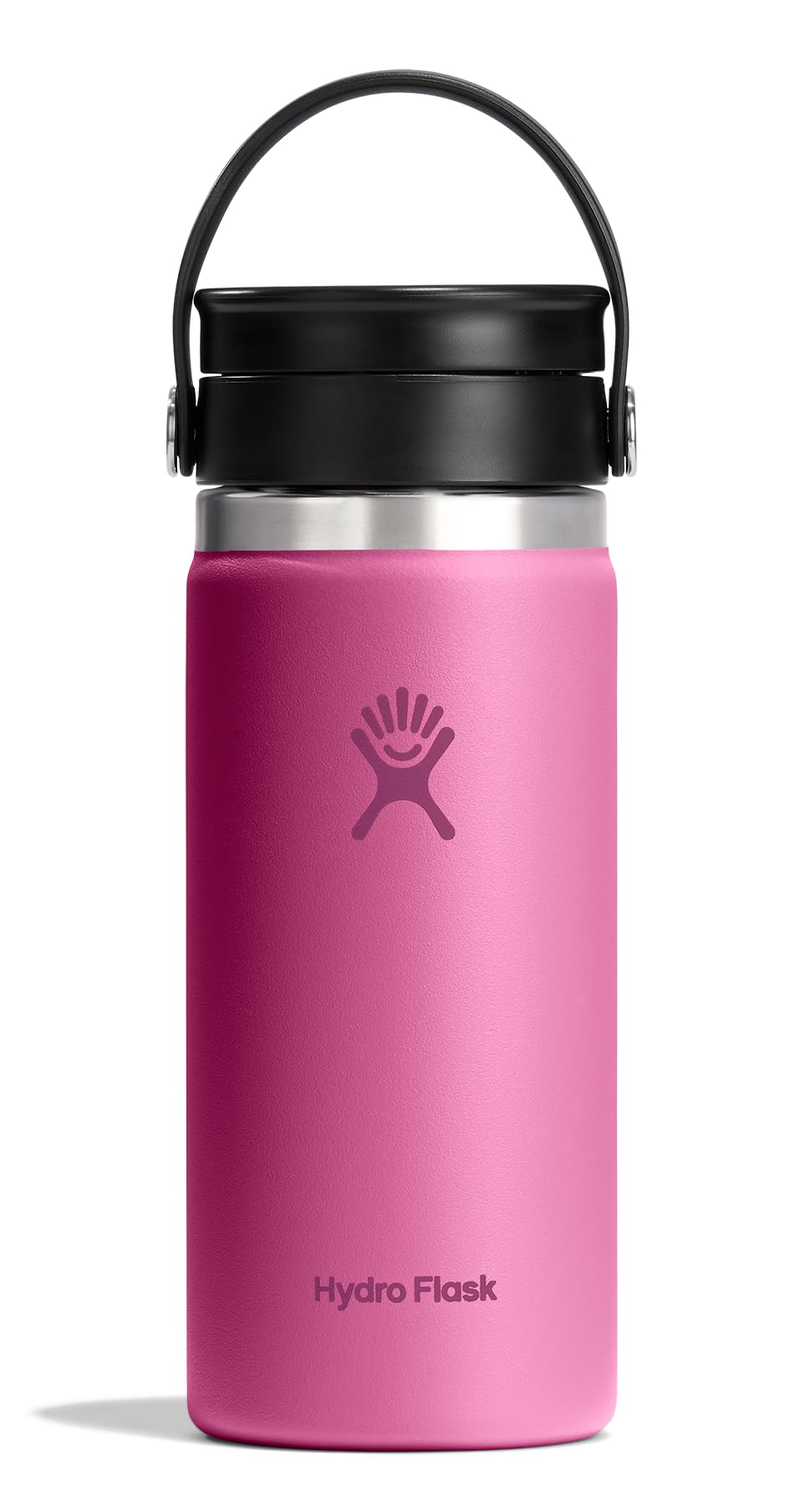 Hydro Flask Flex Sip coffee tumbler in reef pink with leakproof lid for on-the-go hot drinks.