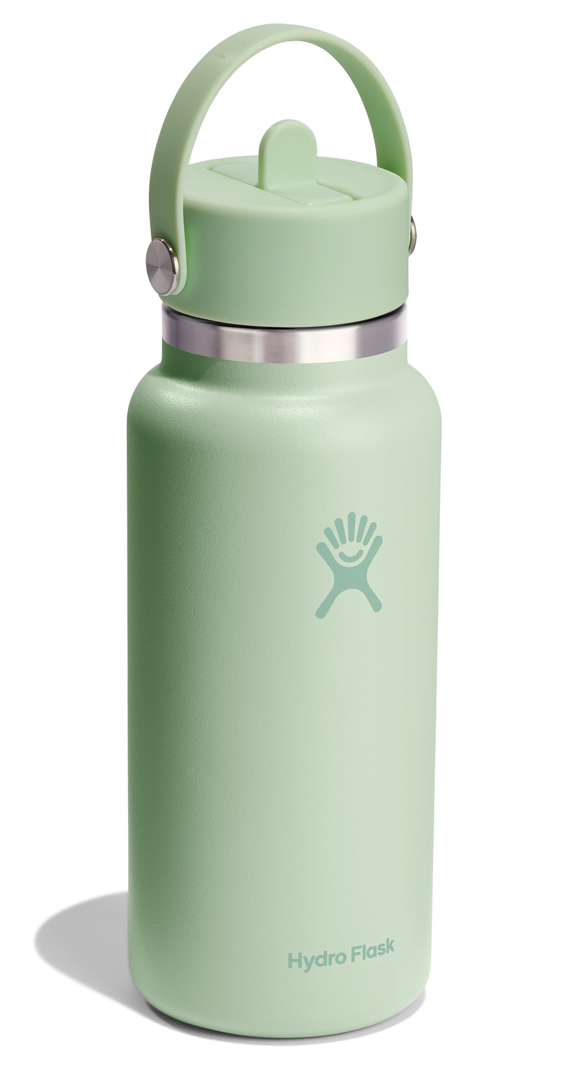 Hydro Flask flex straw cap on Aloe Green bottle enables one-handed, no-spill sipping.