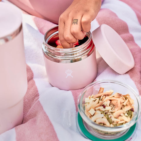 Hydro Flask Food Jar Surf Blue in bag as a lunch and snack solution.