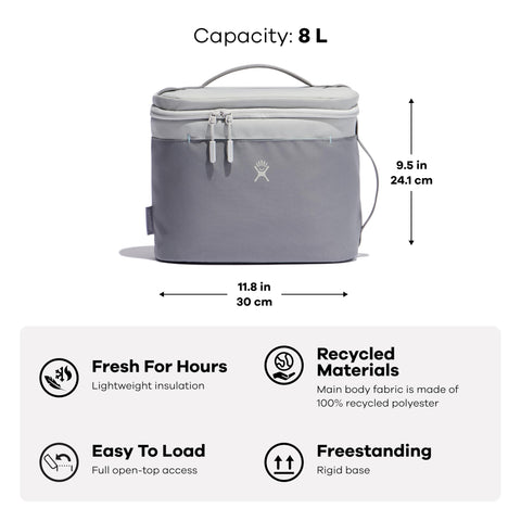 Hydro Flask Lunch Bag Beach Plum Purple includes exterior stash pockets for napkins and utensils.