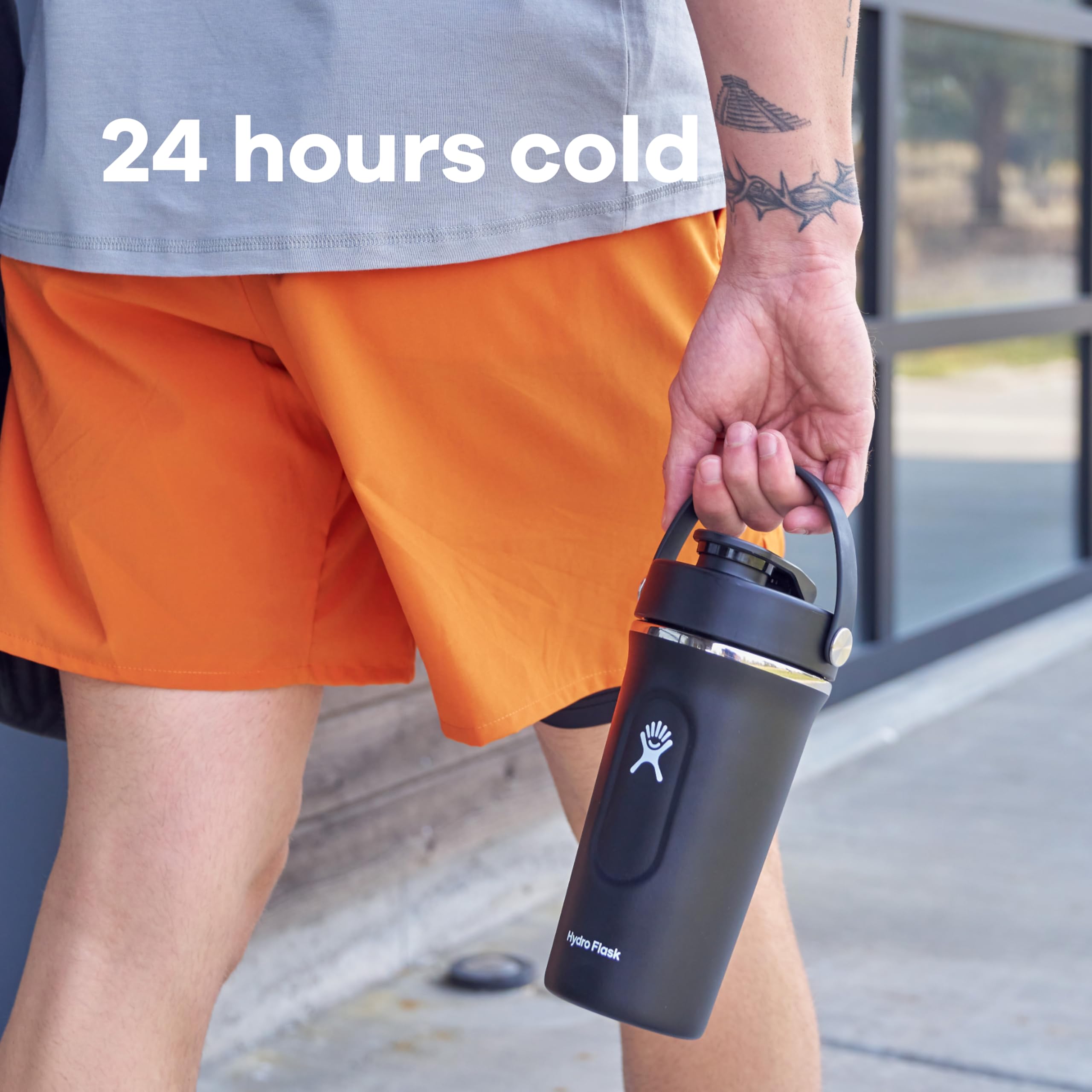 Hydro Flask shaker bottle keeps drinks cold for 24 hours.