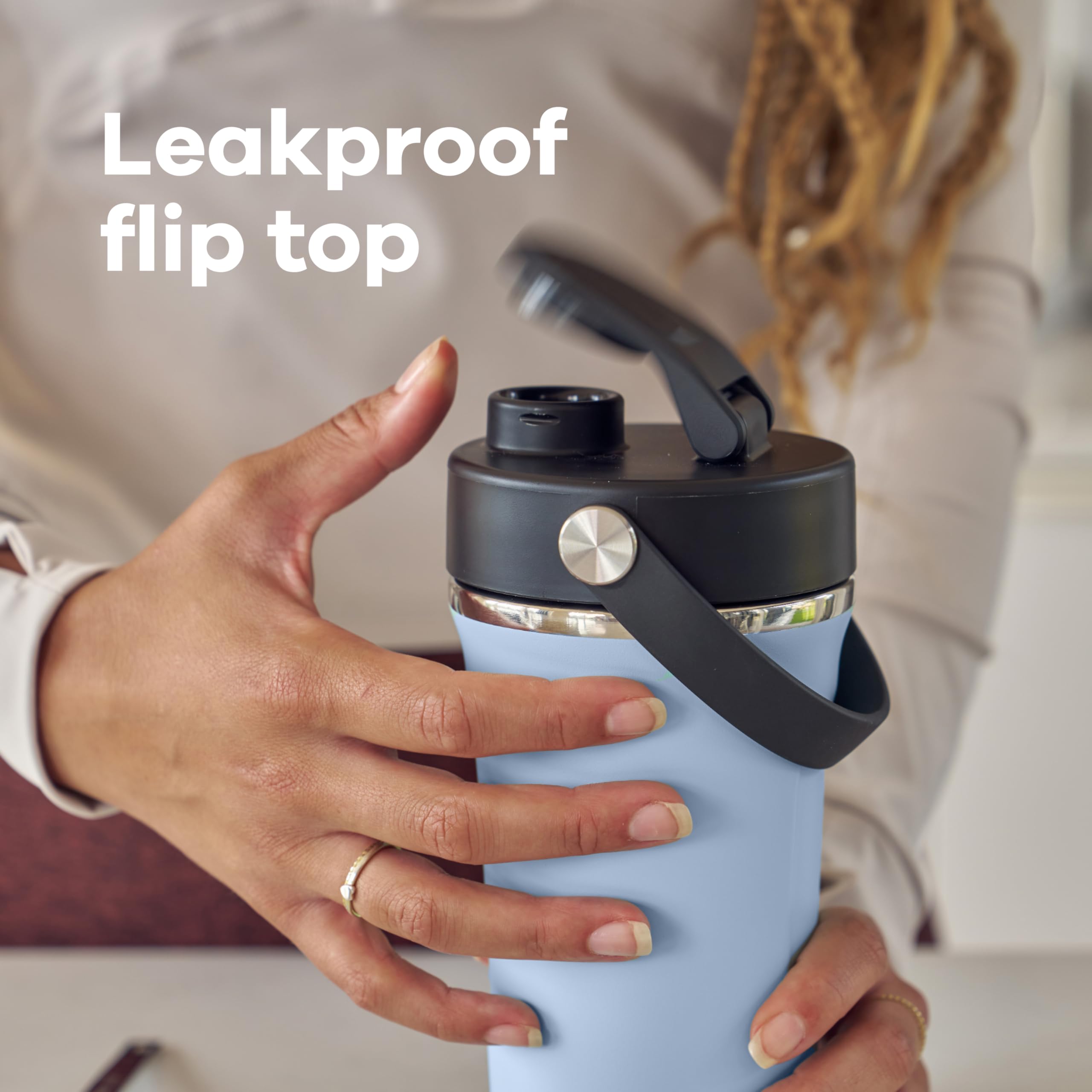 Hydro Flask shaker bottle shows durable stainless steel for pure taste.