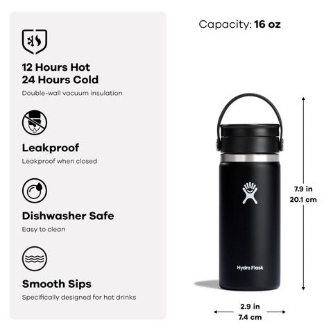 Hydro Flask 16 oz Flex Sip keeps hot up to 12 hours and cold up to 24.