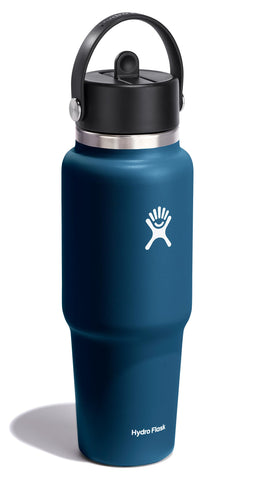 Hydro Flask indigo blue travel bottle, cupholder compatible for easy access during commutes.
