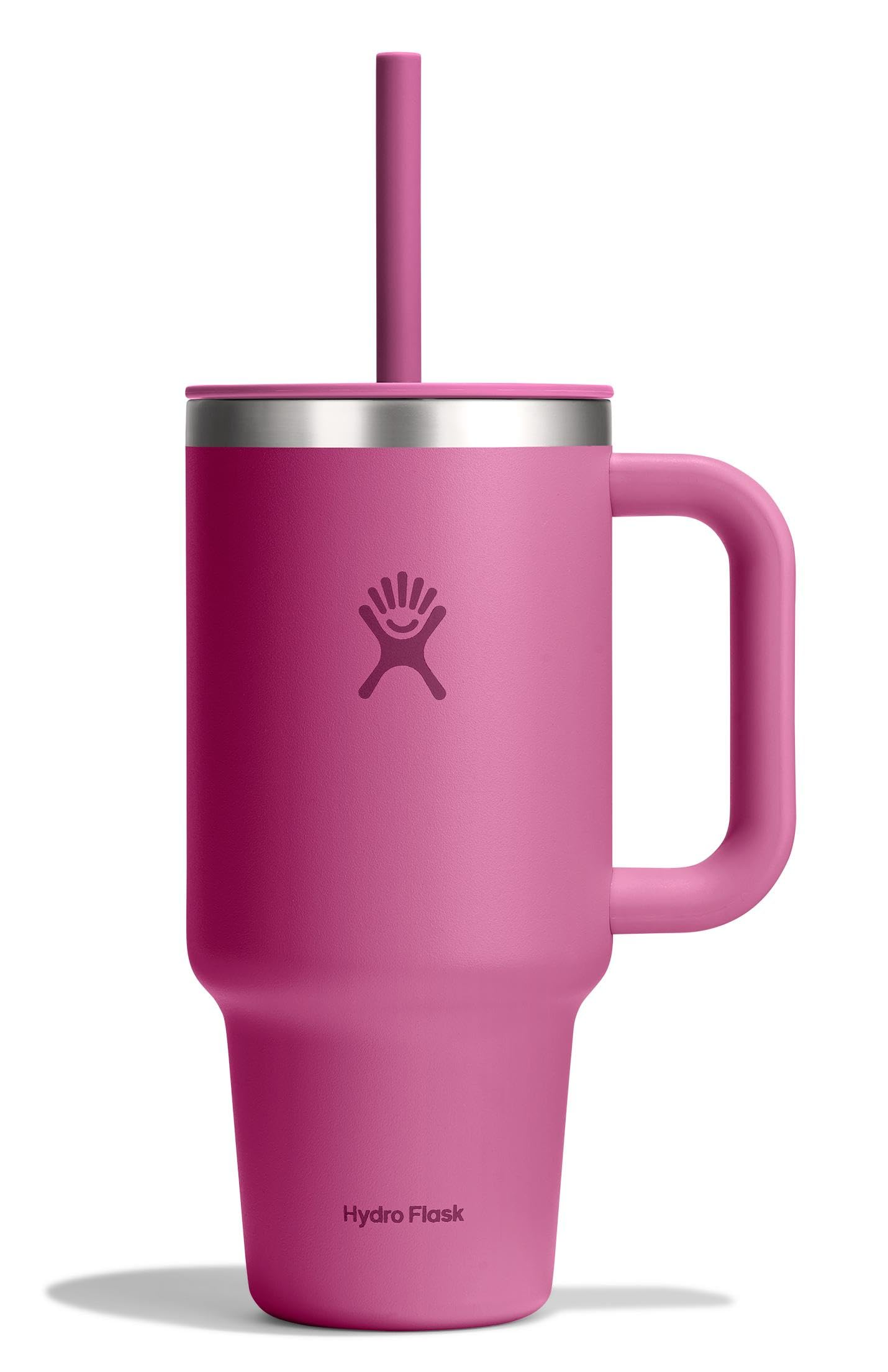 Hydro Flask 32 oz reef pink travel tumbler with handle for easy carrying on the go.