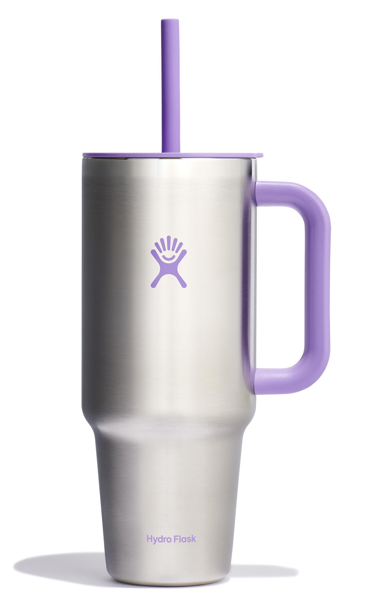 Hydro Flask Travel Tumbler 40 oz with violet handle and straw, ideal for on-the-go hydration.