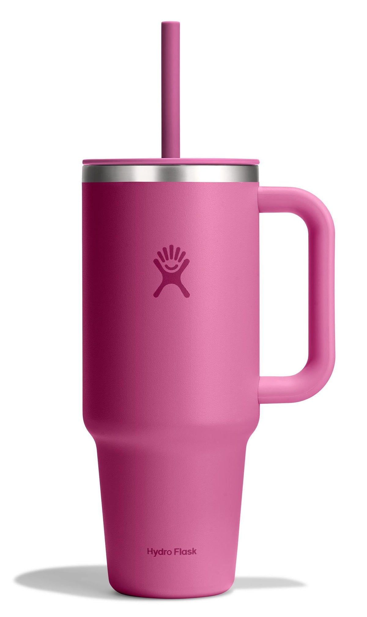 Hydro Flask Travel Tumbler 40oz Reef Pink with a handle for on-the-go hydration.