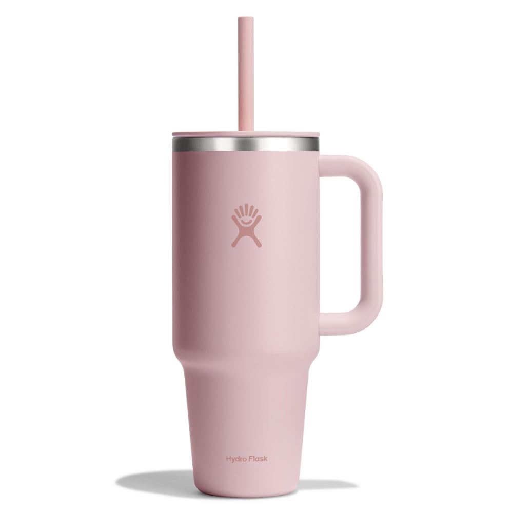 Hydro Flask Travel Tumbler 40 oz Tonal Trillium Pink with handle for on-the-go hydration.