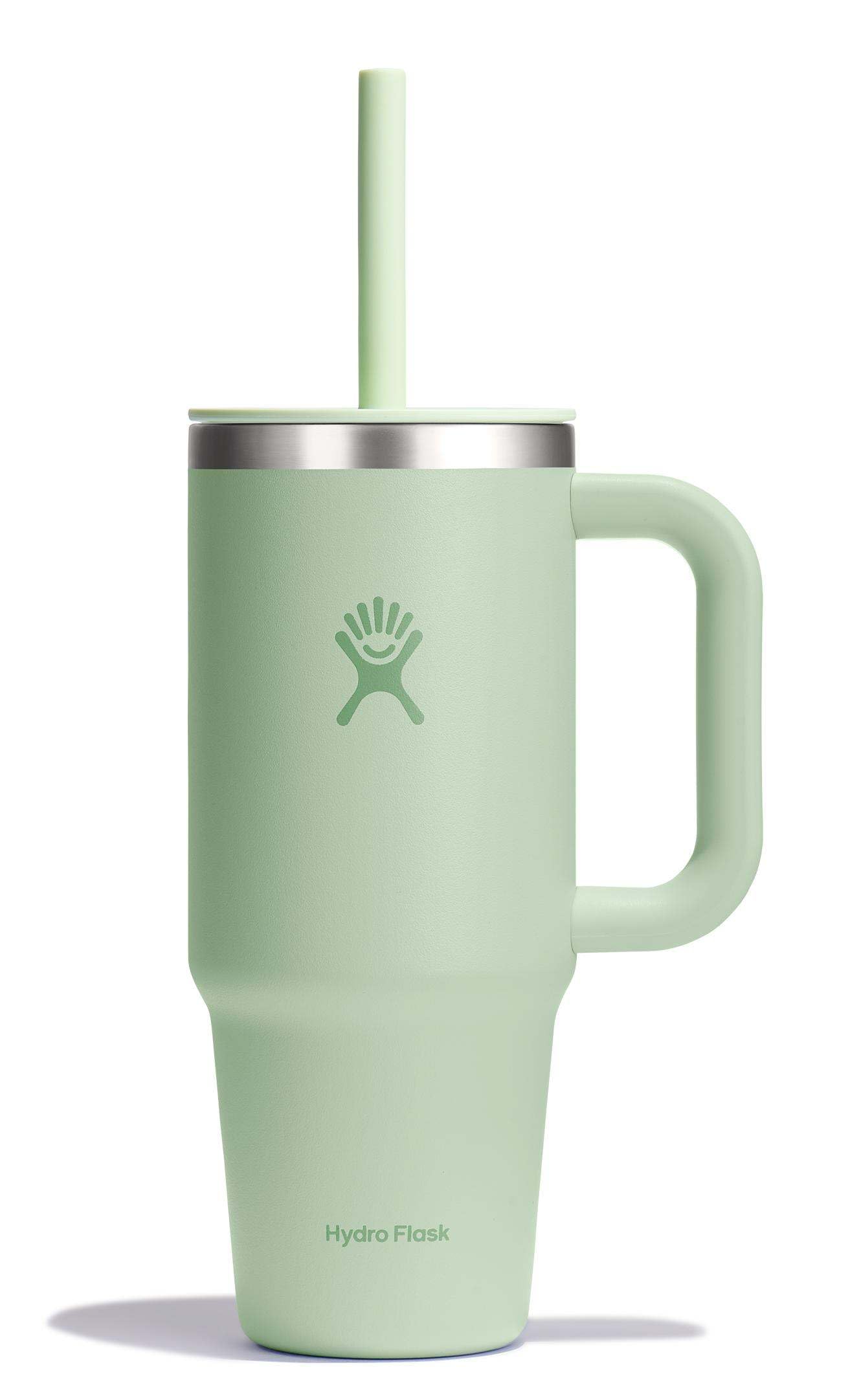 Hydro Flask Travel Tumbler Aloe Green with handle for easy on-the-go hydration.
