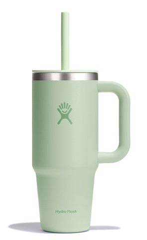 Hydro Flask Travel Tumbler Aloe Green with handle for easy on-the-go hydration.