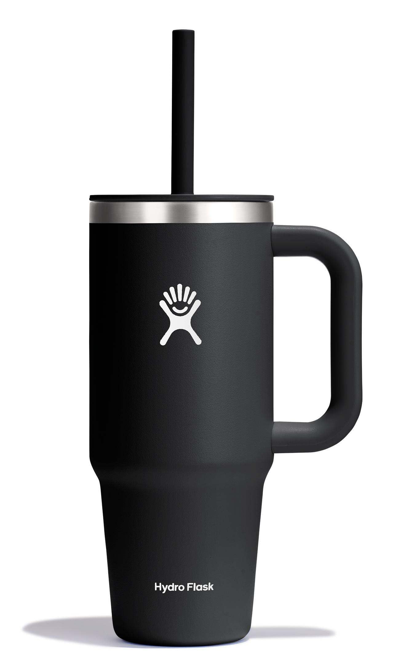 Hydro Flask travel tumbler with handle and straw in black for on-the-go hydration.