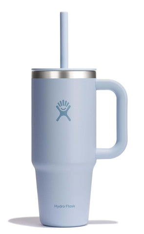 Hydro Flask Travel Tumbler with Handle and Straw in Surf Blue for on-the-go hydration.