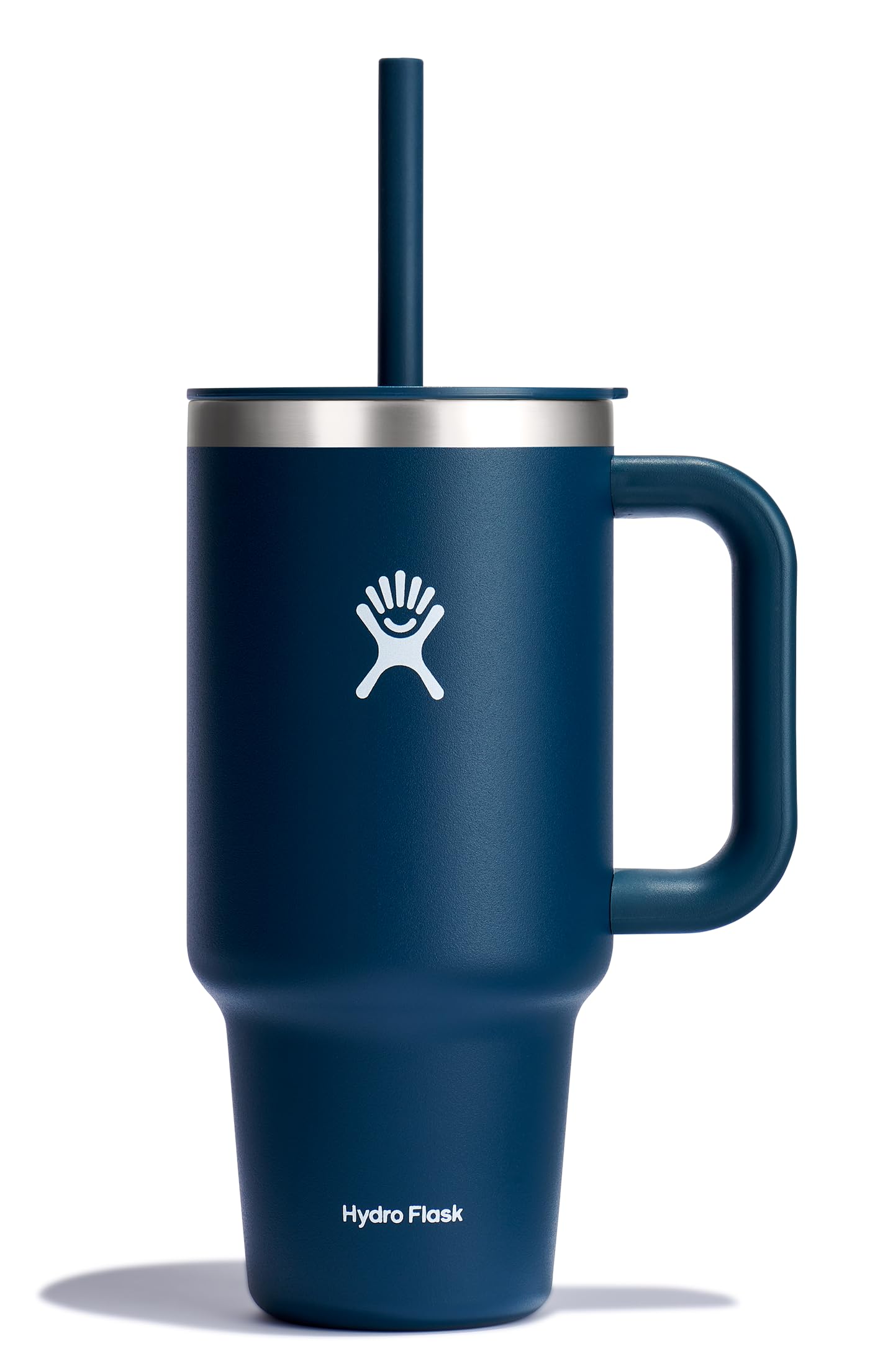 Hydro Flask Travel Tumbler Indigo Blue 32oz with handle for on-the-go hydration.