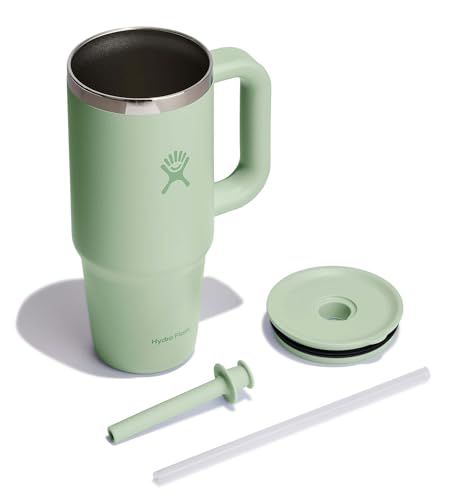 Hydro Flask Travel Tumbler Aloe Green with straw for convenient sipping anywhere.